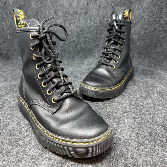 Dr. Martens Boots Women's Size 4 Black Leather Lace Up Combat Yellow Stitch - Picture 1 of 10